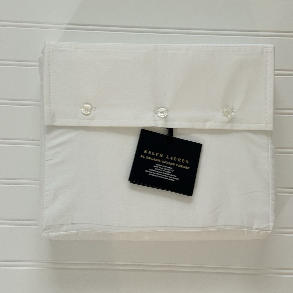 Ralph Lauren RL 624 TC Organic Sateen Border Queen Flat Sheet White NWT $185